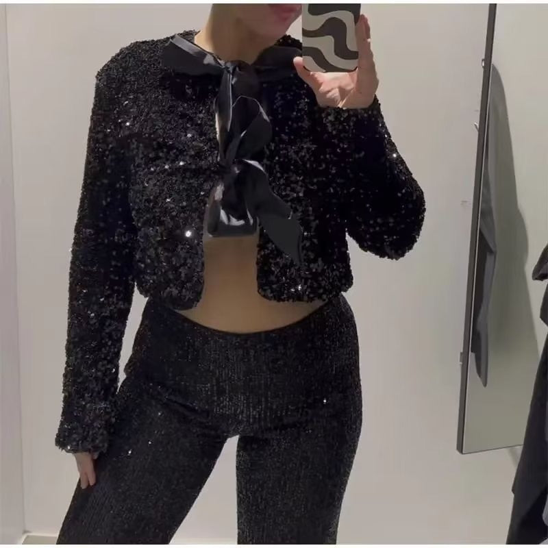 Women's elegant bow tie sequined crop top