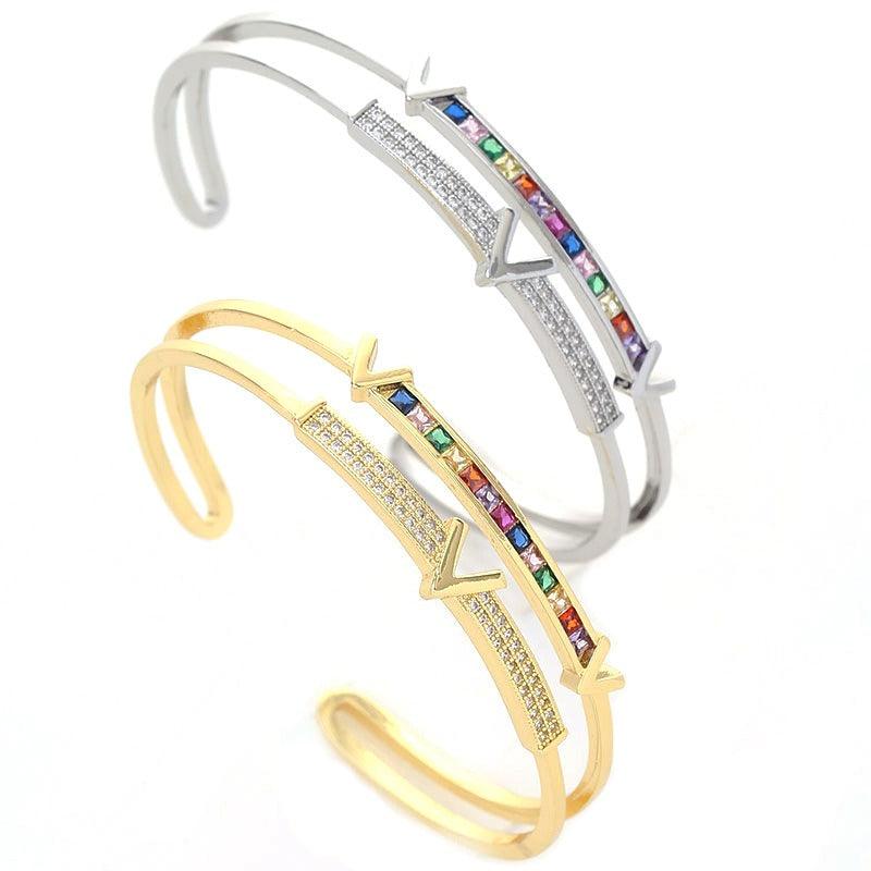 Copper inlaid colored zircon double-layer bracelet with electroplated V-shaped opening bracelet - Frederika’s favorites 🦊