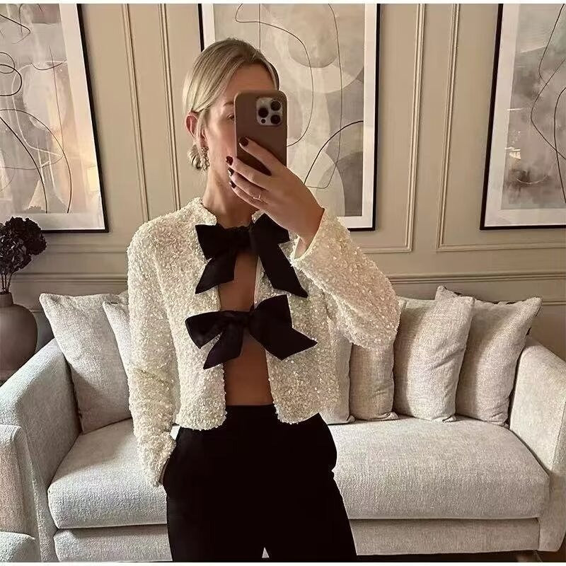 Women's elegant bow tie sequined crop top