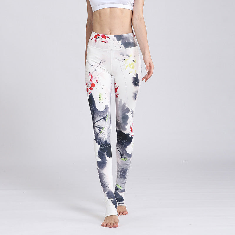 Yoga wear for women tight fitting high waisted hip lifting foot stepping trousers sports fitness dance printed yoga pants