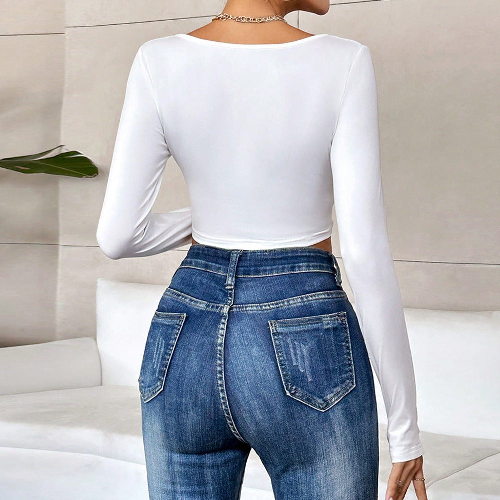 Twisted Square Neck Knitted Long sleeved Fashion Casual Open Navel Top