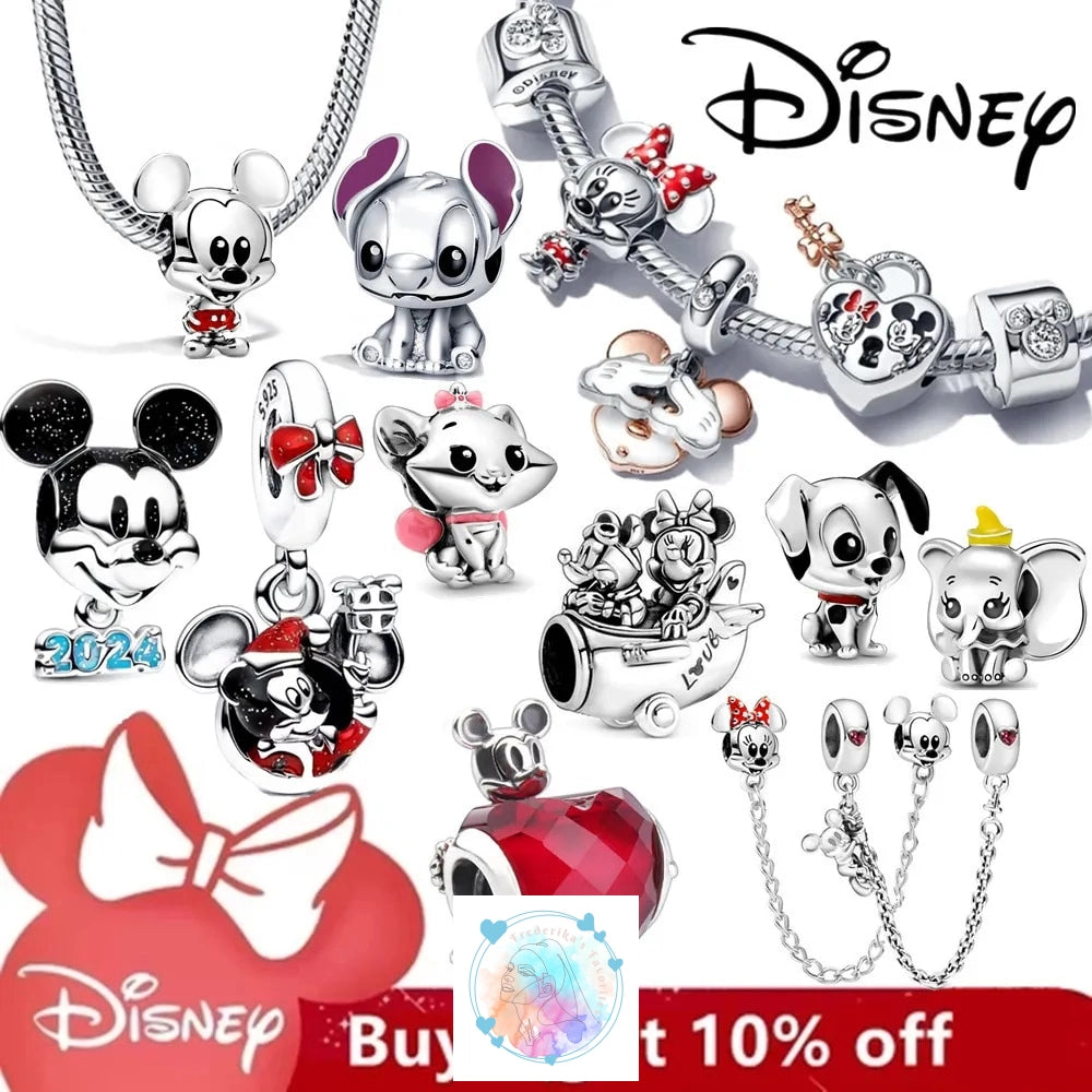 Disney Charm Bracelet with Stitch, Minnie Mouse, and Winnie Charms - 925 Sterling Silver Dangle Beads for Pendant Jewelry