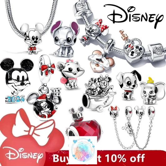 Disney Charm Bracelet with Stitch, Minnie Mouse, and Winnie Charms - 925 Sterling Silver Dangle Beads for Pendant Jewelry