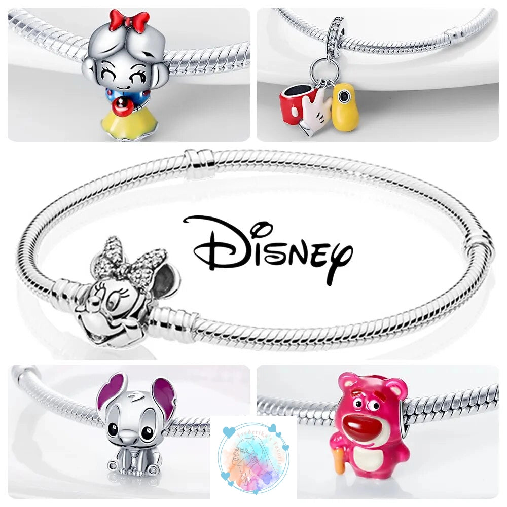 Disney Charm Bracelet with Stitch, Minnie Mouse, and Winnie Charms - 925 Sterling Silver Dangle Beads for Pendant Jewelry