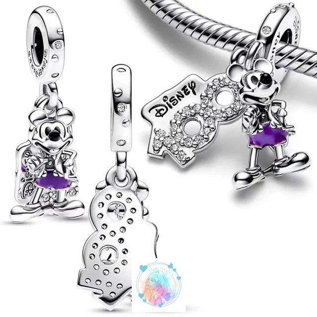 Disney Charm Bracelet with Stitch, Minnie Mouse, and Winnie Charms - 925 Sterling Silver Dangle Beads for Pendant Jewelry