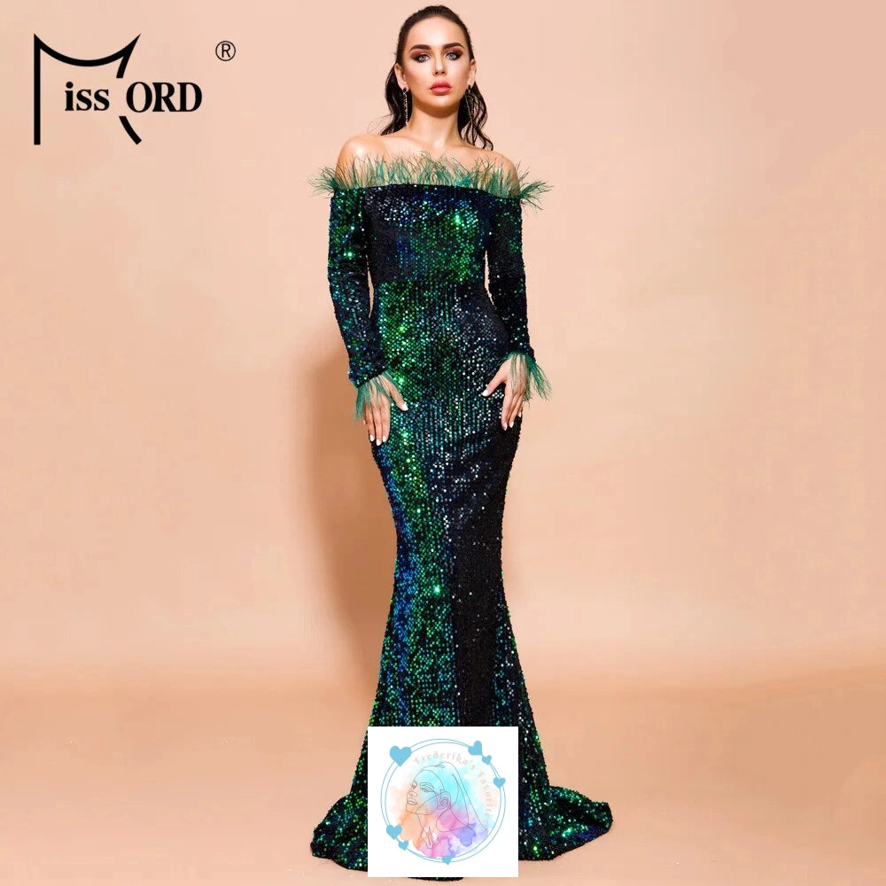 Elegant Green Sequin Evening Dress with Off Shoulder Feather Detail and Mermaid Silhouette