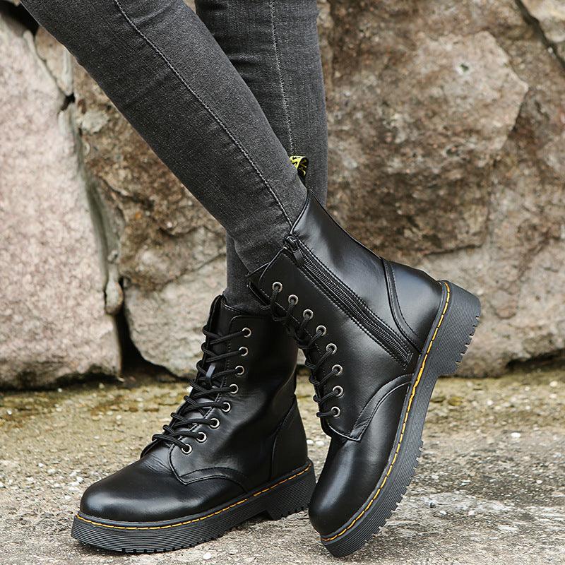 Fashion Lace-up Boots For Women Autumn And Winter Black White Zipper Mid-calf Boots Elegant Low Heel Shoes - Frederika’s favorites 🦊