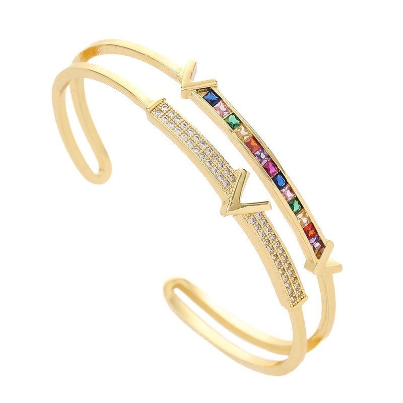 Copper inlaid colored zircon double-layer bracelet with electroplated V-shaped opening bracelet - Frederika’s favorites 🦊