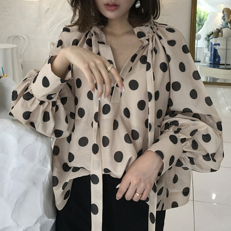 Women's Bow Stand Collar Blouse with Lantern Sleeves - Frederika’s favorites 🦊