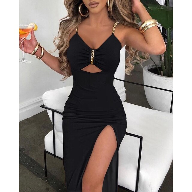 V-Neck Chain Décor High Slit Dress - Frederika’s favorites 🦊