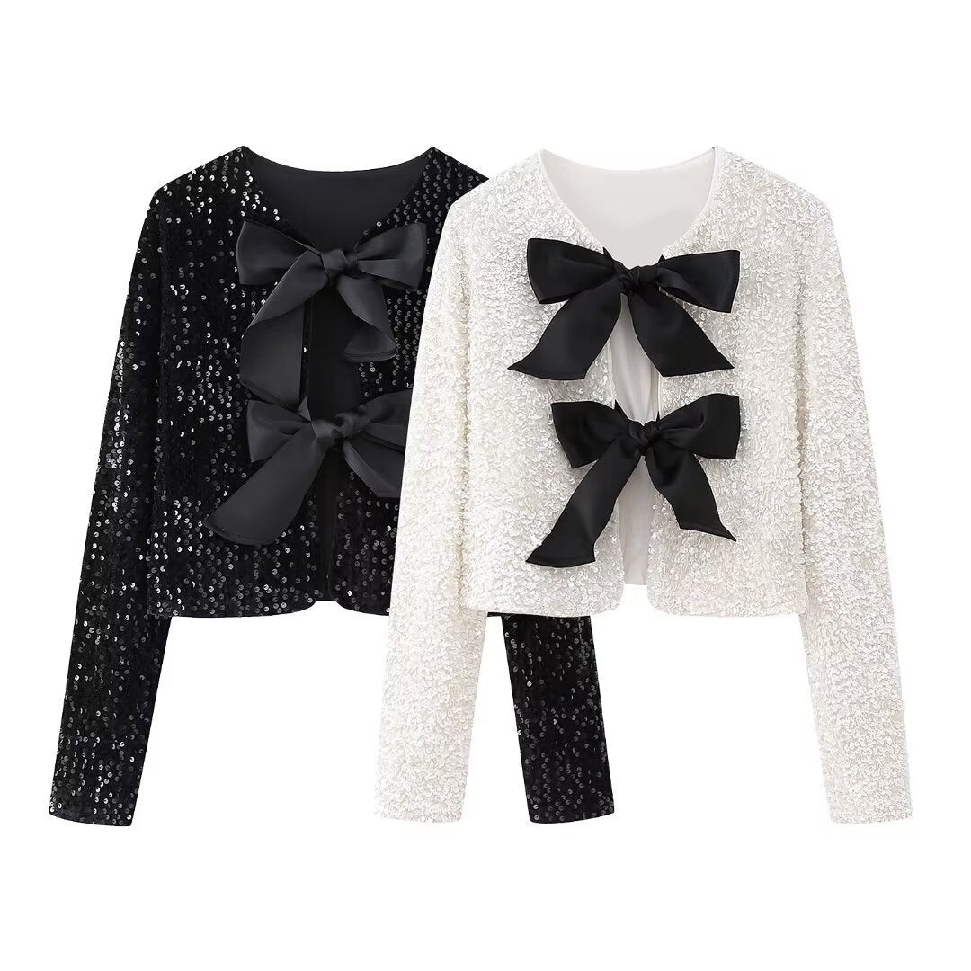 Women's elegant bow tie sequined crop top