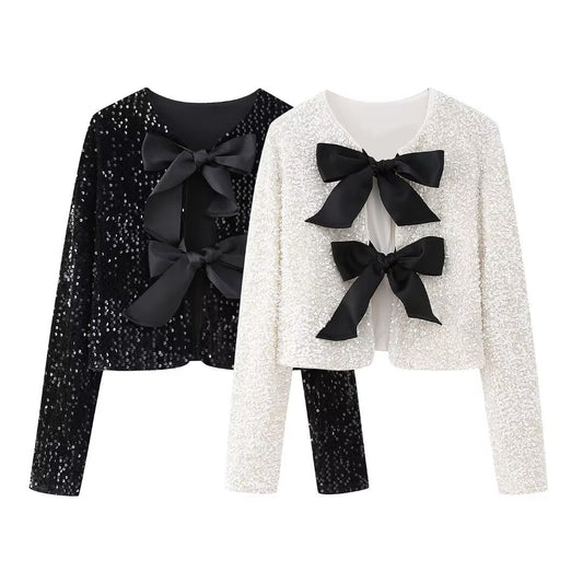 Women's elegant bow tie sequined crop top