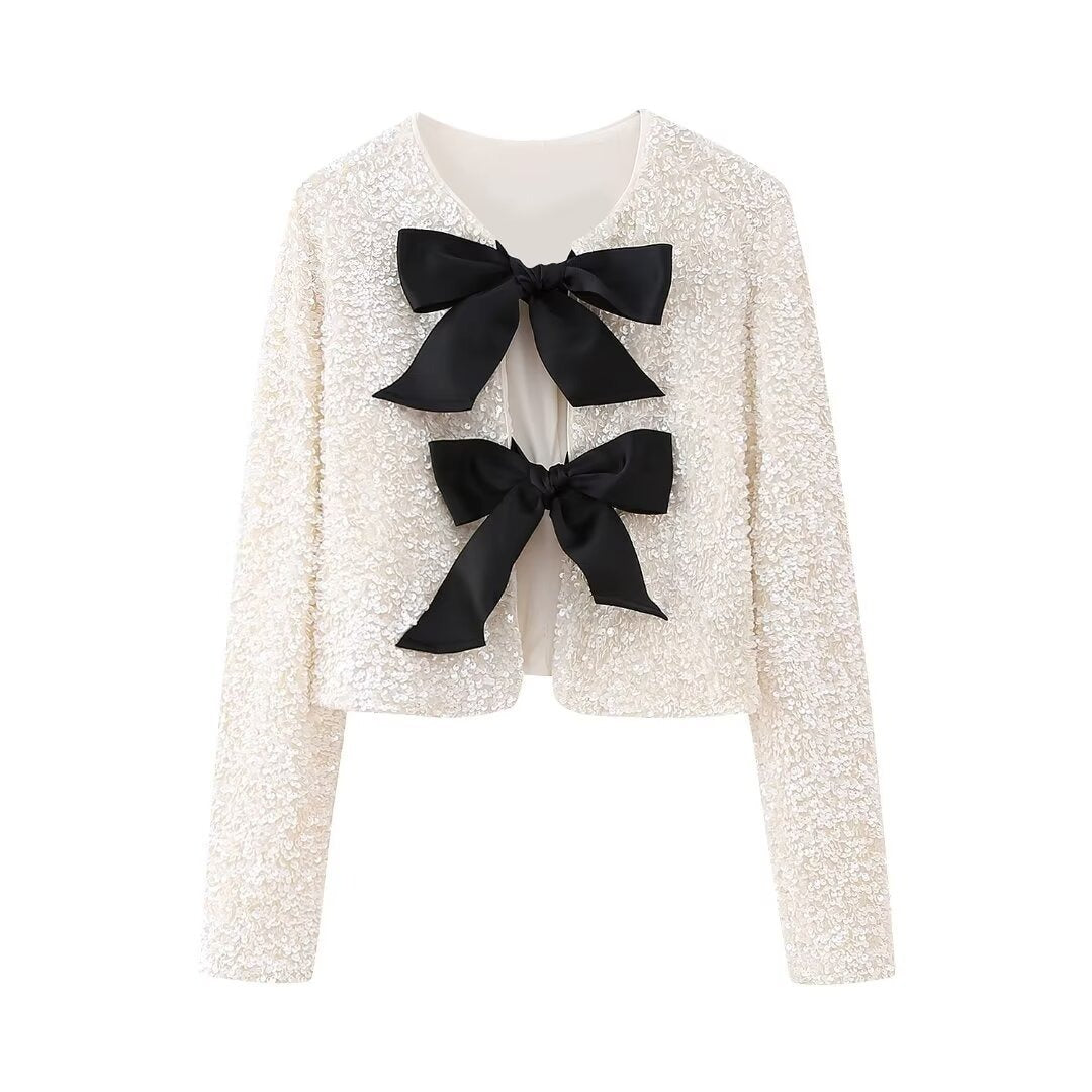 Women's elegant bow tie sequined crop top