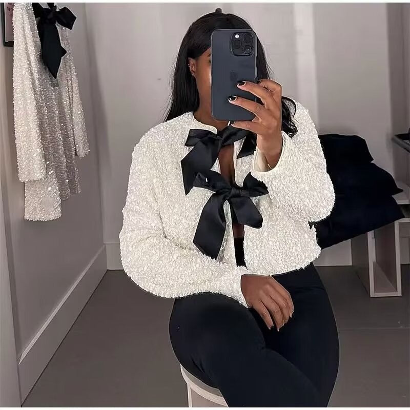Women's elegant bow tie sequined crop top