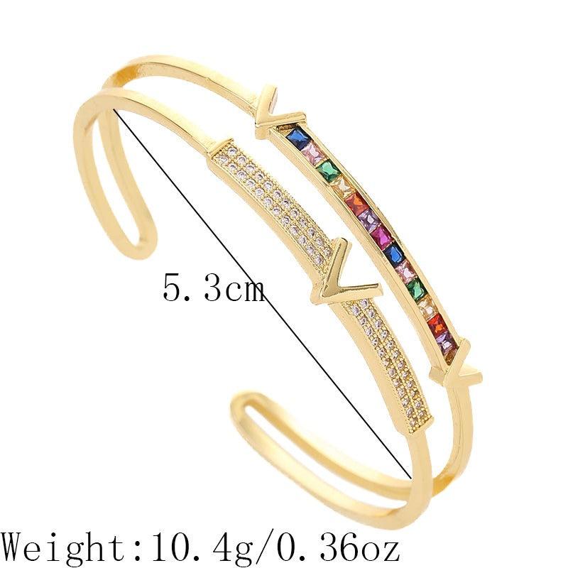 Copper inlaid colored zircon double-layer bracelet with electroplated V-shaped opening bracelet - Frederika’s favorites 🦊