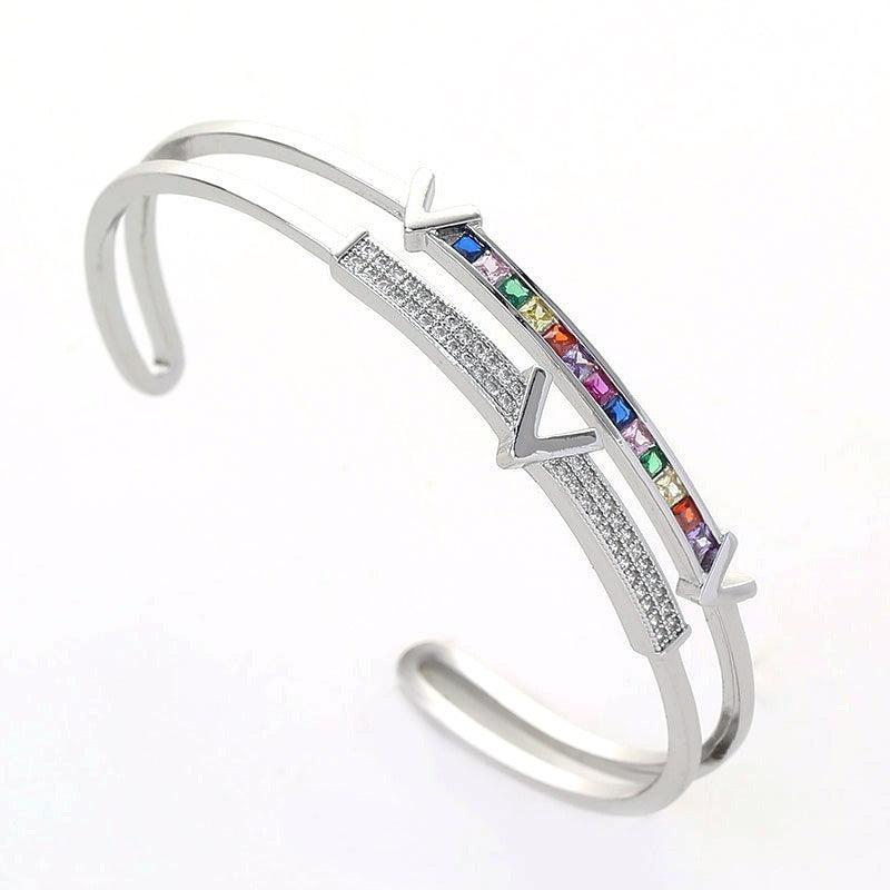 Copper inlaid colored zircon double-layer bracelet with electroplated V-shaped opening bracelet - Frederika’s favorites 🦊