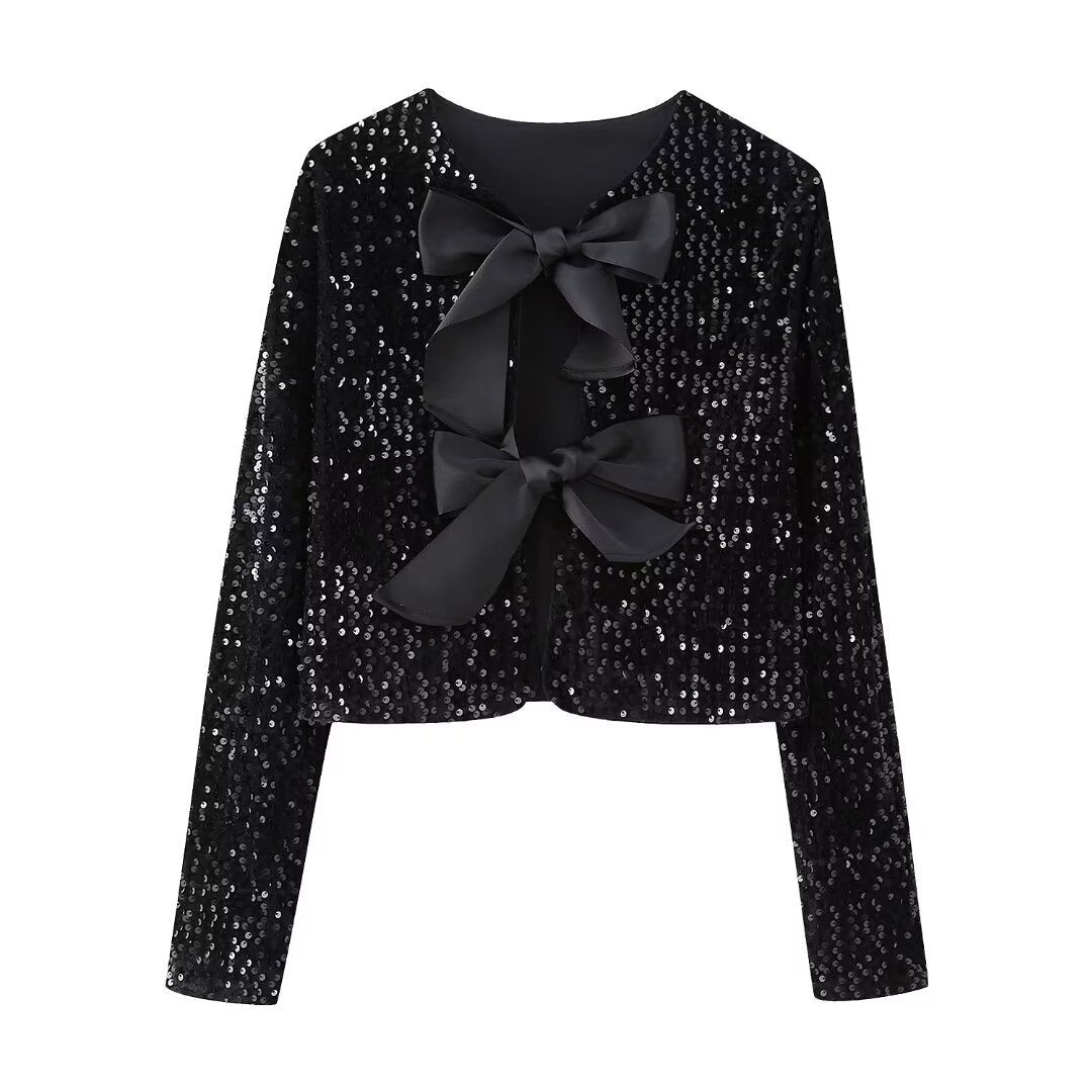 Women's elegant bow tie sequined crop top