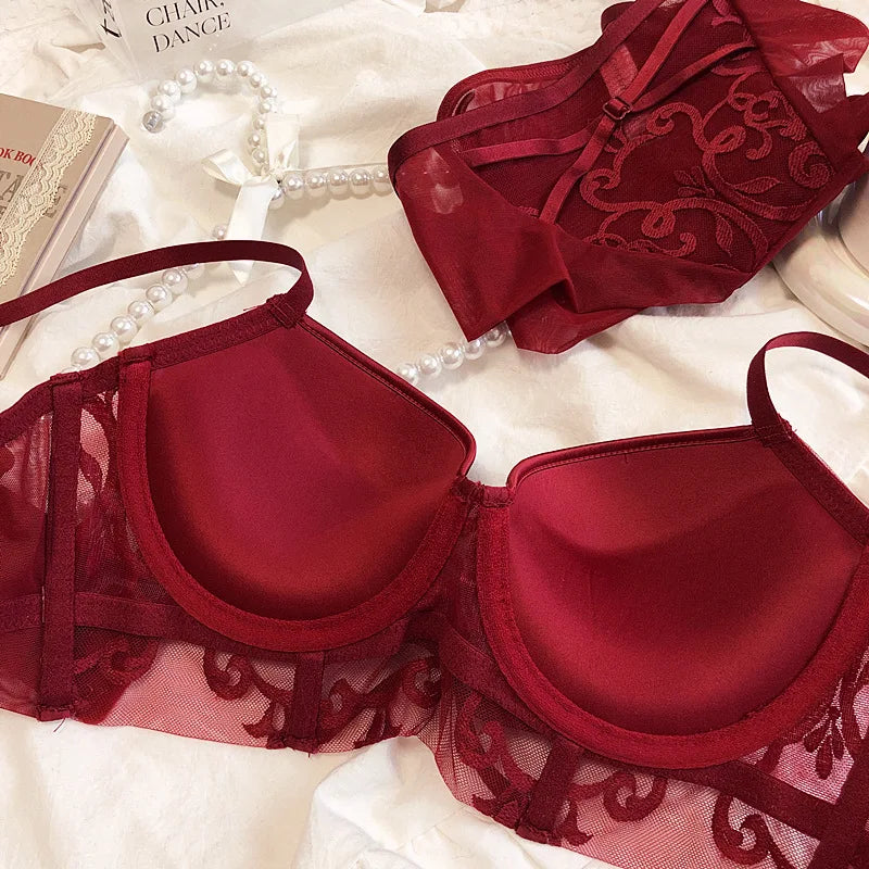 Christmas red embroidered net gauze lingerie top thin bottom thick gather bra set sexy push up large size women underwear bralet - Frederika’s favorites 🦊
