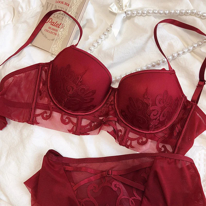 Christmas red embroidered net gauze lingerie top thin bottom thick gather bra set sexy push up large size women underwear bralet - Frederika’s favorites 🦊