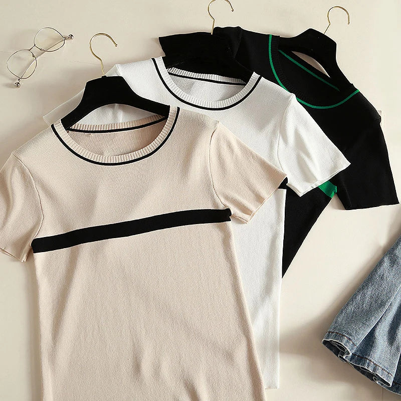 shintimes Thin Knitted T Shirt Women Clothes 2022 Summer Woman Short Sleeve Tees Tops Striped Casual T-Shirt Female Tshirt Femme - Frederika’s favorites 🦊
