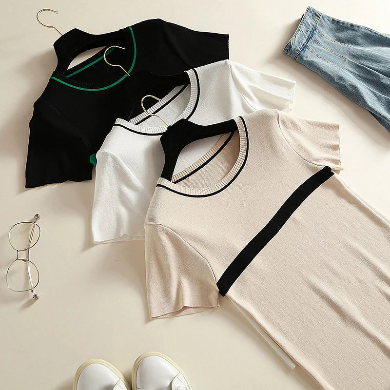 shintimes Thin Knitted T Shirt Women Clothes 2022 Summer Woman Short Sleeve Tees Tops Striped Casual T-Shirt Female Tshirt Femme - Frederika’s favorites 🦊