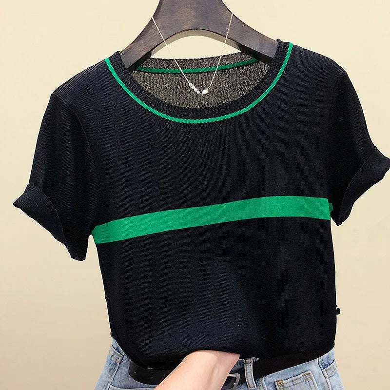 shintimes Thin Knitted T Shirt Women Clothes 2022 Summer Woman Short Sleeve Tees Tops Striped Casual T-Shirt Female Tshirt Femme - Frederika’s favorites 🦊