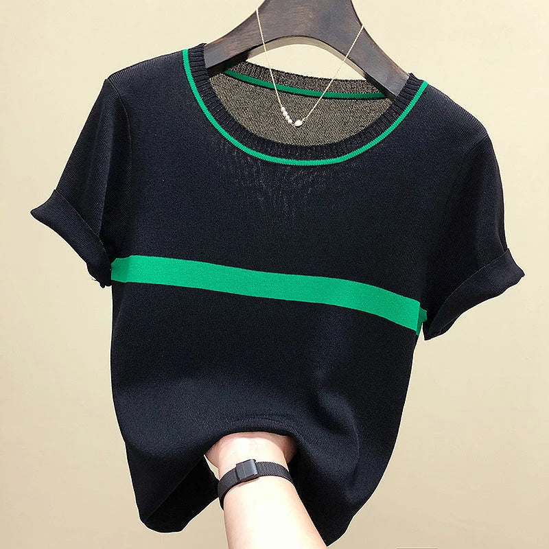 shintimes Thin Knitted T Shirt Women Clothes 2022 Summer Woman Short Sleeve Tees Tops Striped Casual T-Shirt Female Tshirt Femme - Frederika’s favorites 🦊