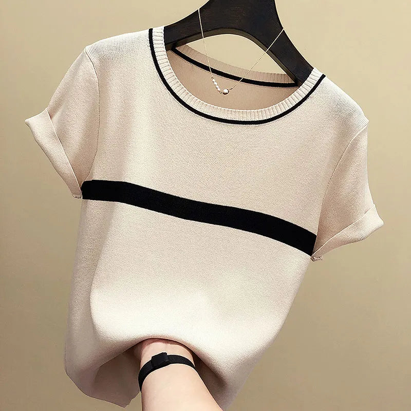 shintimes Thin Knitted T Shirt Women Clothes 2022 Summer Woman Short Sleeve Tees Tops Striped Casual T-Shirt Female Tshirt Femme - Frederika’s favorites 🦊