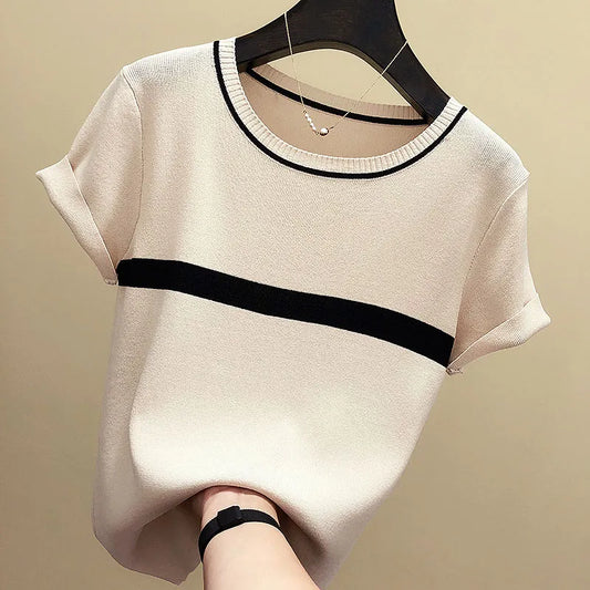 shintimes Thin Knitted T Shirt Women Clothes 2022 Summer Woman Short Sleeve Tees Tops Striped Casual T-Shirt Female Tshirt Femme - Frederika’s favorites 🦊