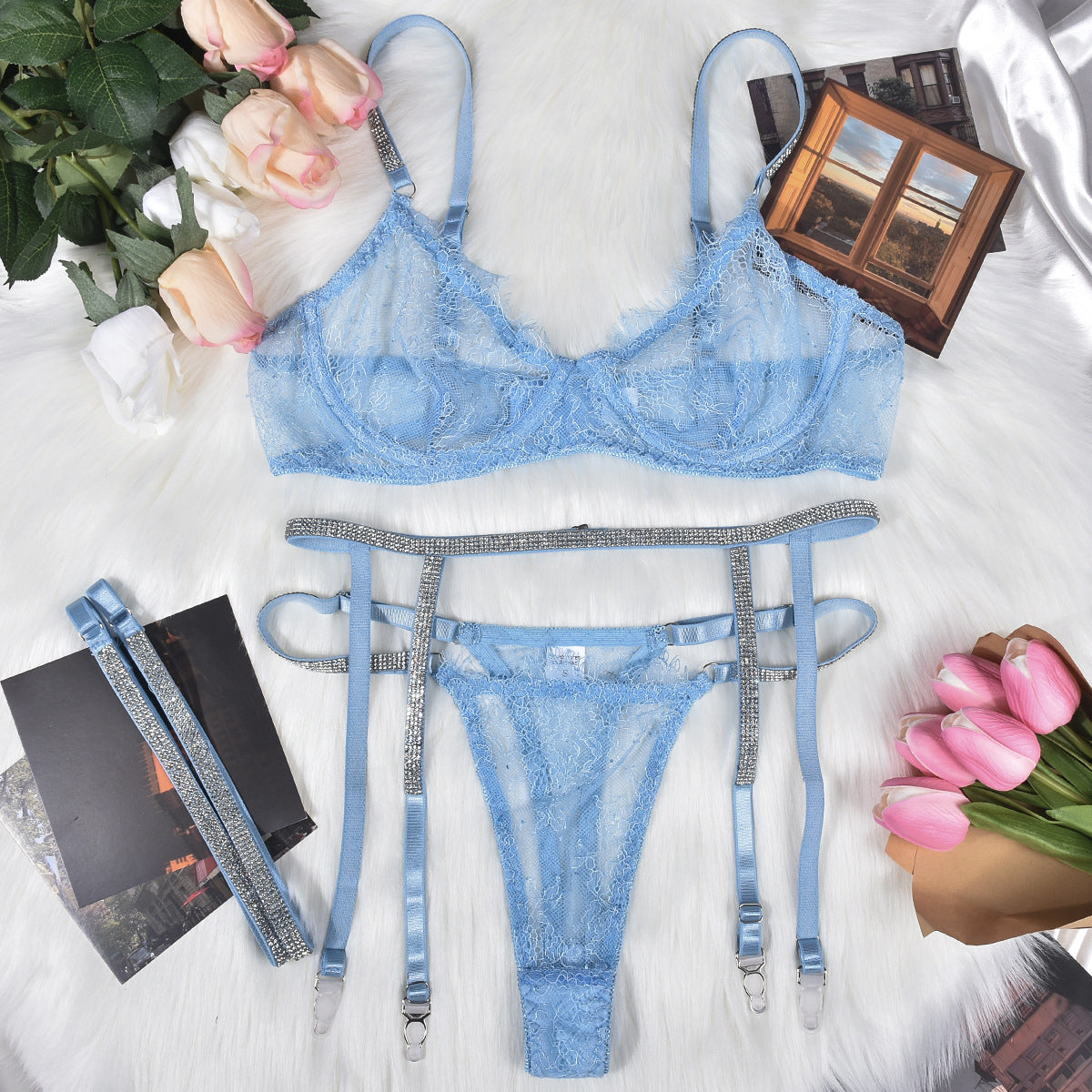 Women's Underwear Lace Three-point Rhinestone Leg Ring Three-piece Set - Frederika’s favorites 🦊