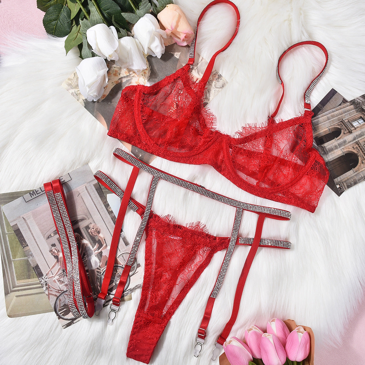 Women's Underwear Lace Three-point Rhinestone Leg Ring Three-piece Set - Frederika’s favorites 🦊