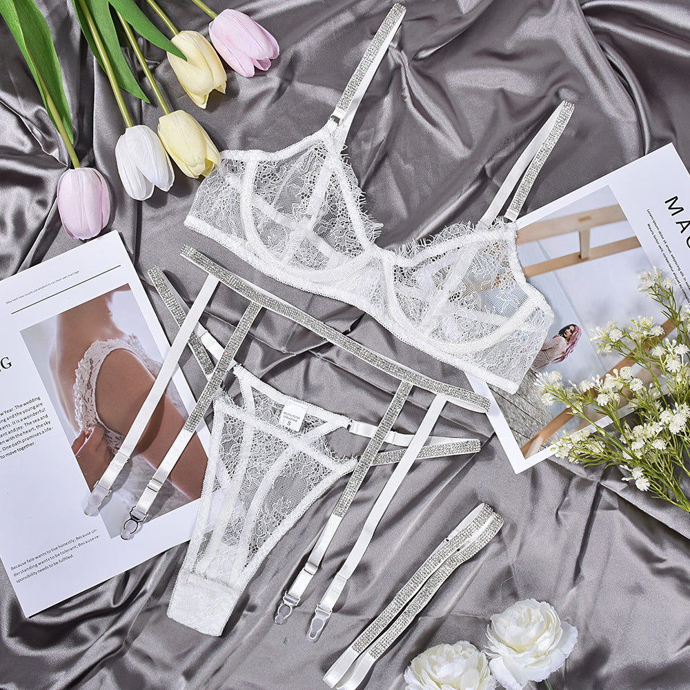 Women's Underwear Lace Three-point Rhinestone Leg Ring Three-piece Set - Frederika’s favorites 🦊