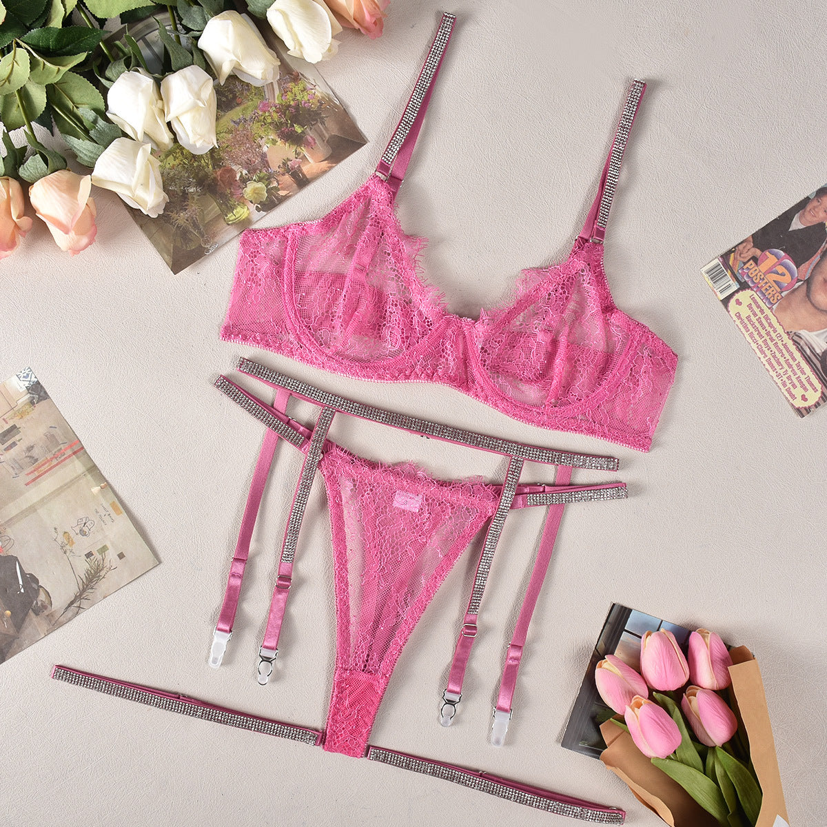 Women's Underwear Lace Three-point Rhinestone Leg Ring Three-piece Set - Frederika’s favorites 🦊