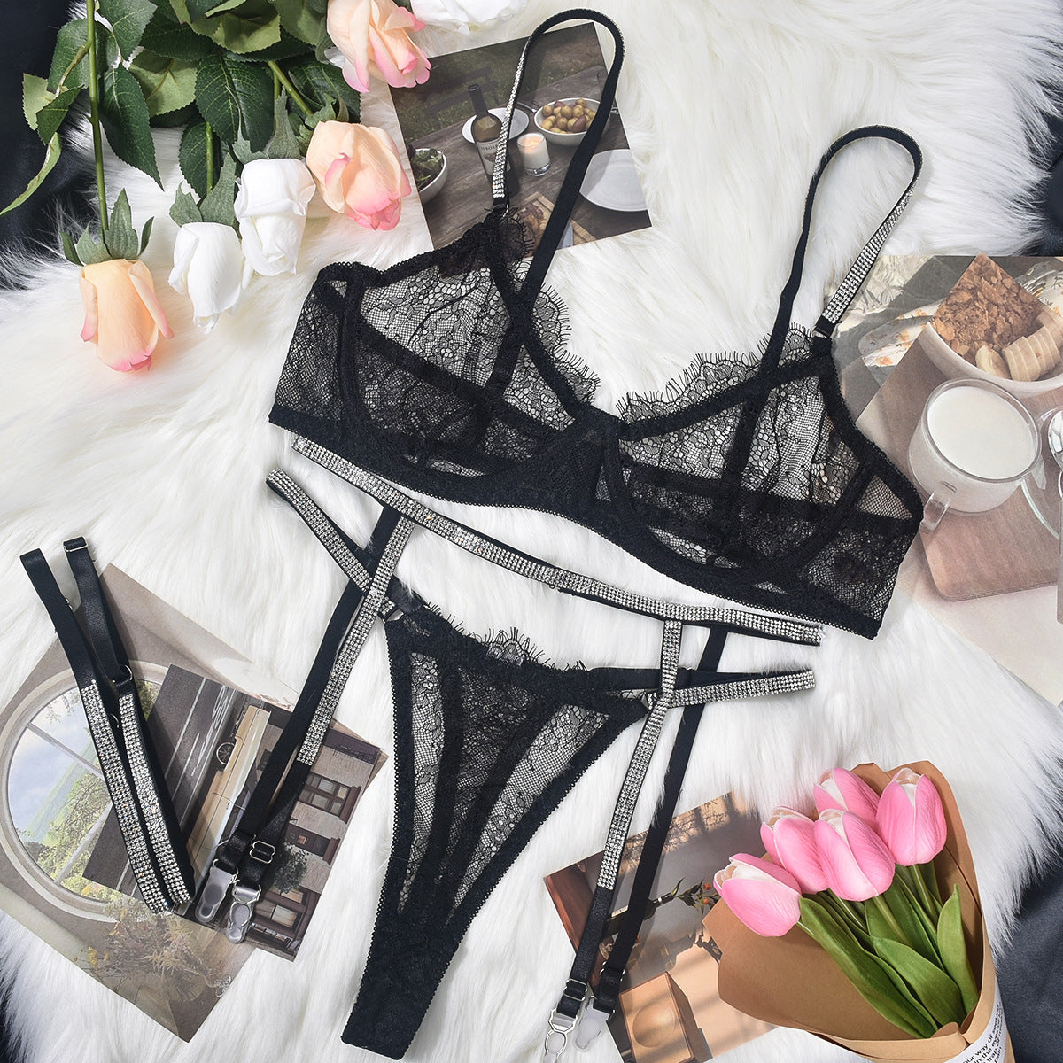 Women's Underwear Lace Three-point Rhinestone Leg Ring Three-piece Set - Frederika’s favorites 🦊