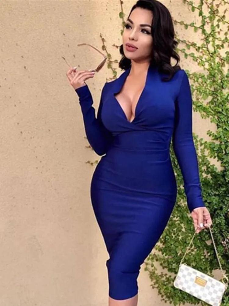 Free Shipping Winter Sexy V Neck Long Sleeve Women Bodycon Bandage Dress 2022 Celebrity Designer Evening Party Dress Vestido - Frederika’s favorites 🦊