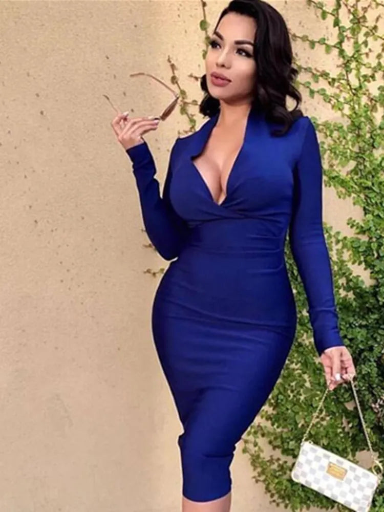 Free Shipping Winter Sexy V Neck Long Sleeve Women Bodycon Bandage Dress 2022 Celebrity Designer Evening Party Dress Vestido - Frederika’s favorites 🦊