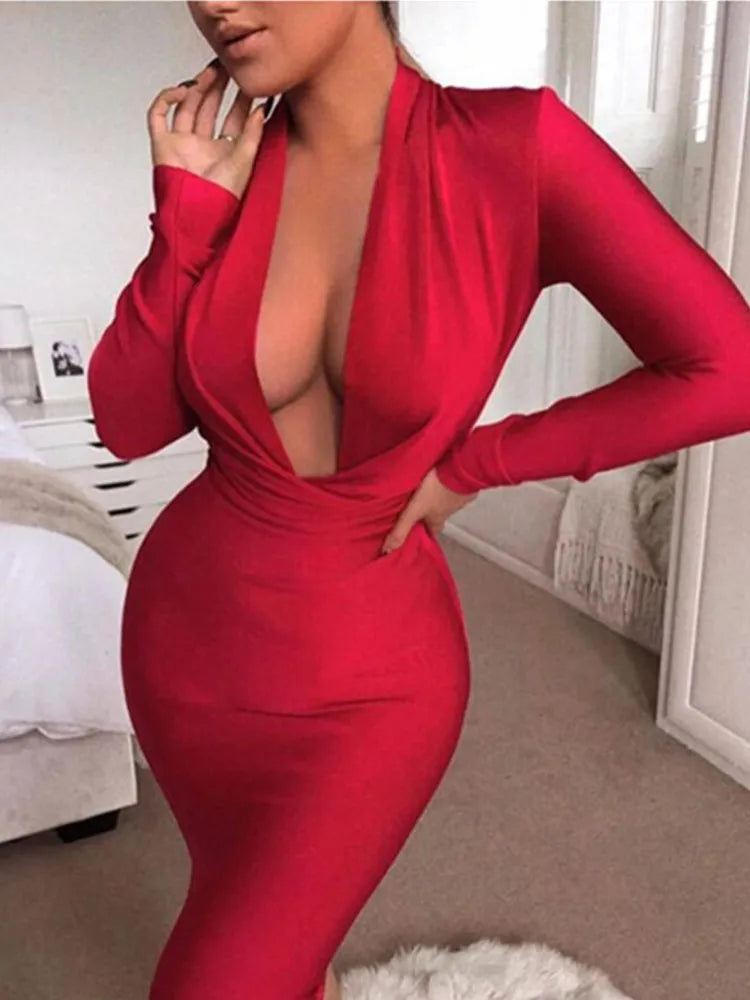Free Shipping Winter Sexy V Neck Long Sleeve Women Bodycon Bandage Dress 2022 Celebrity Designer Evening Party Dress Vestido - Frederika’s favorites 🦊