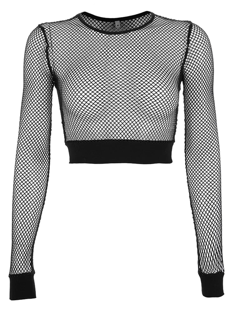 HEYounGIRL Sexy Mesh Crop Tops Tee Shirt Femme Hollow Out Black Tshirt Women See Trough Long Sleeve Streetwear Fishnet T Shirt - Frederika’s favorites 🦊