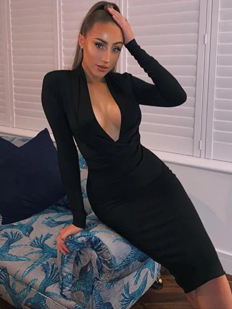 Free Shipping Winter Sexy V Neck Long Sleeve Women Bodycon Bandage Dress 2022 Celebrity Designer Evening Party Dress Vestido - Frederika’s favorites 🦊