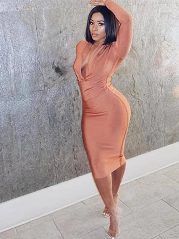 Free Shipping Winter Sexy V Neck Long Sleeve Women Bodycon Bandage Dress 2022 Celebrity Designer Evening Party Dress Vestido - Frederika’s favorites 🦊