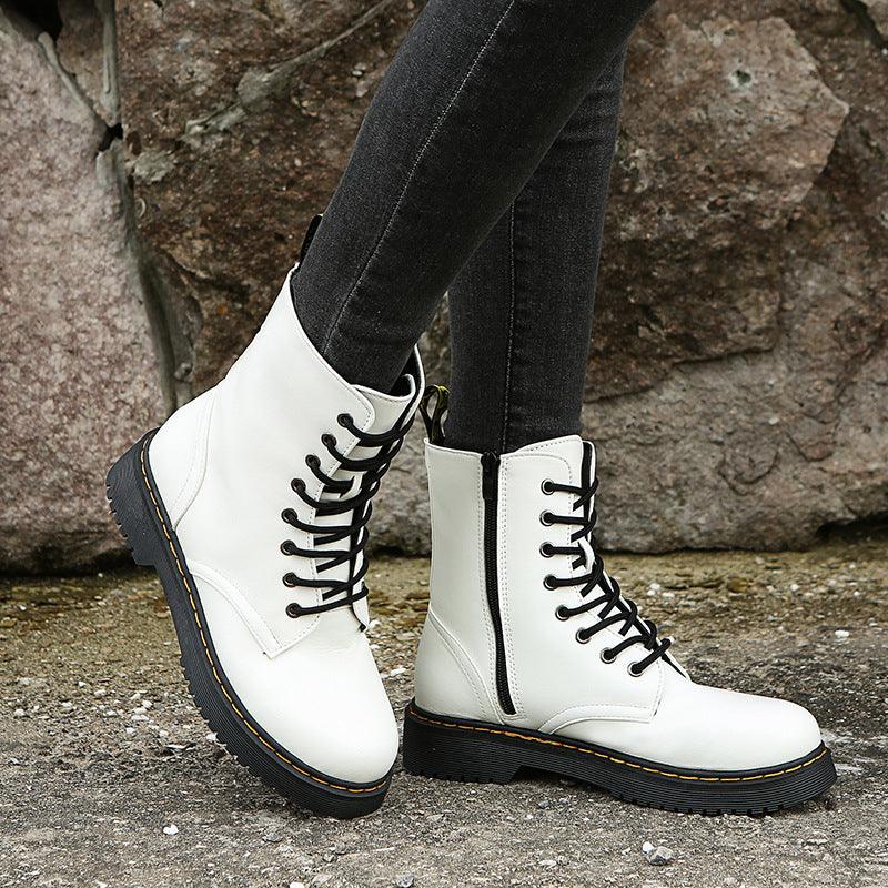 Fashion Lace-up Boots For Women Autumn And Winter Black White Zipper Mid-calf Boots Elegant Low Heel Shoes - Frederika’s favorites 🦊