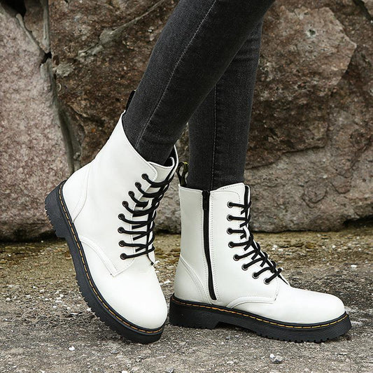 Fashion Lace-up Boots For Women Autumn And Winter Black White Zipper Mid-calf Boots Elegant Low Heel Shoes - Frederika’s favorites 🦊