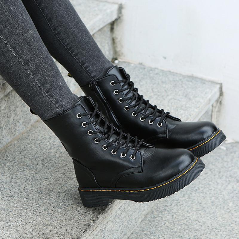 Fashion Lace-up Boots For Women Autumn And Winter Black White Zipper Mid-calf Boots Elegant Low Heel Shoes - Frederika’s favorites 🦊