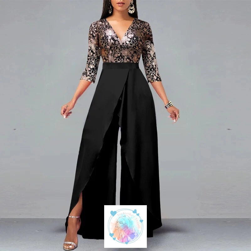 Elegant V Neck Jumpsuit with Wide Leg Pants - Perfect for Office or Special Occasions