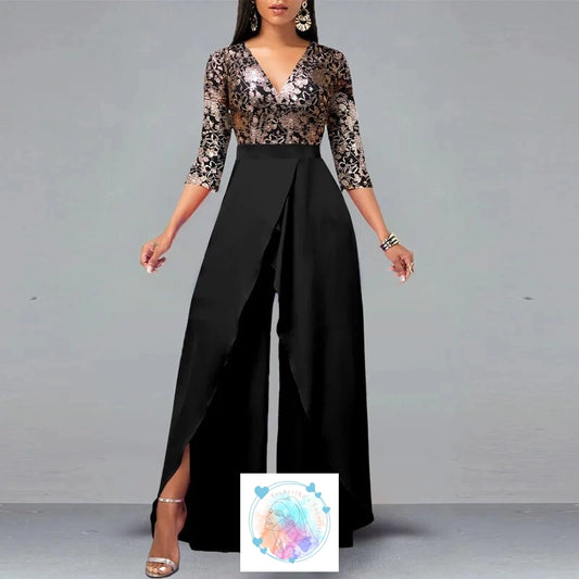 Elegant V Neck Jumpsuit with Wide Leg Pants - Perfect for Office or Special Occasions