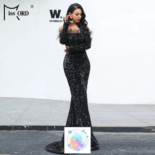 Elegant Green Sequin Evening Dress with Off Shoulder Feather Detail and Mermaid Silhouette