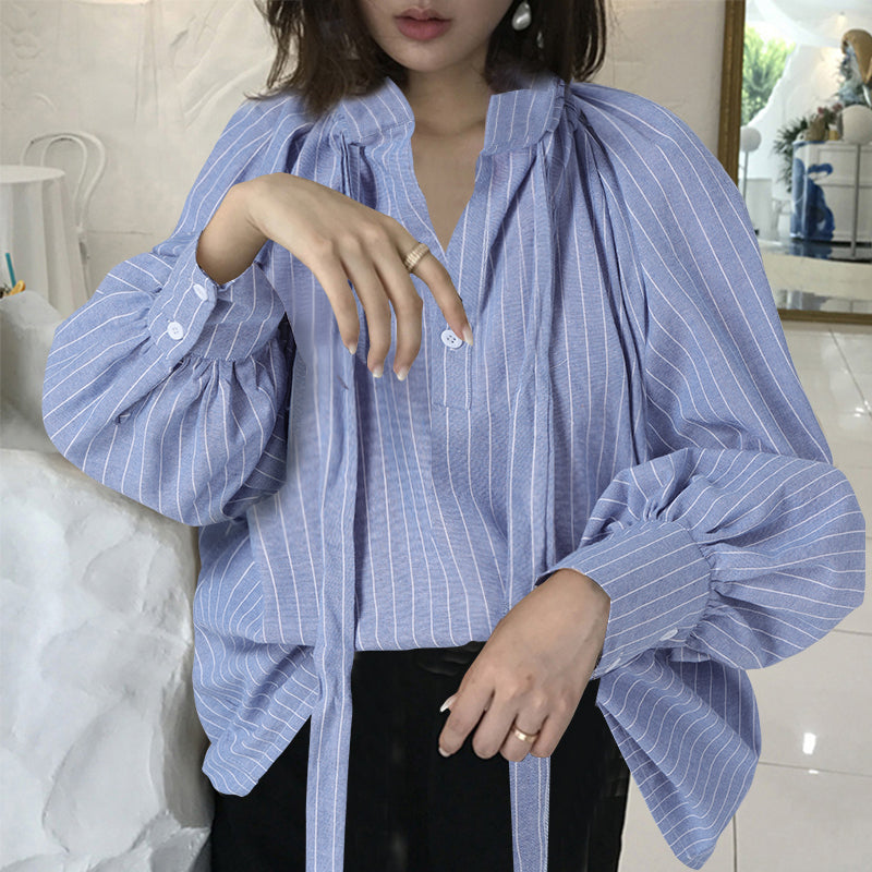 Women's Bow Stand Collar Blouse with Lantern Sleeves - Frederika’s favorites 🦊