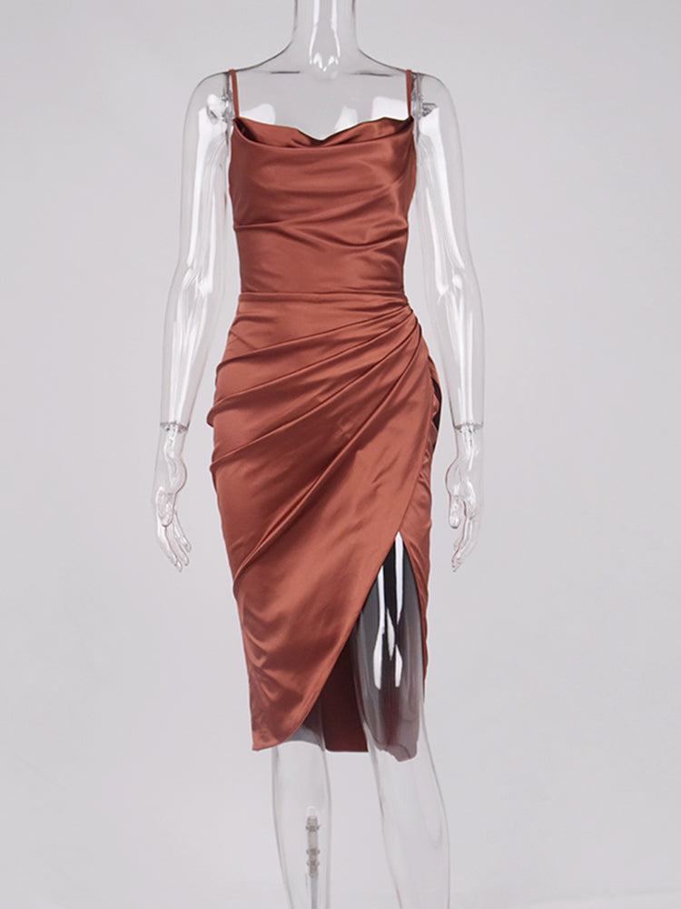 Midi Satin Dress Split Adjustable Strap - Frederika’s favorites 🦊