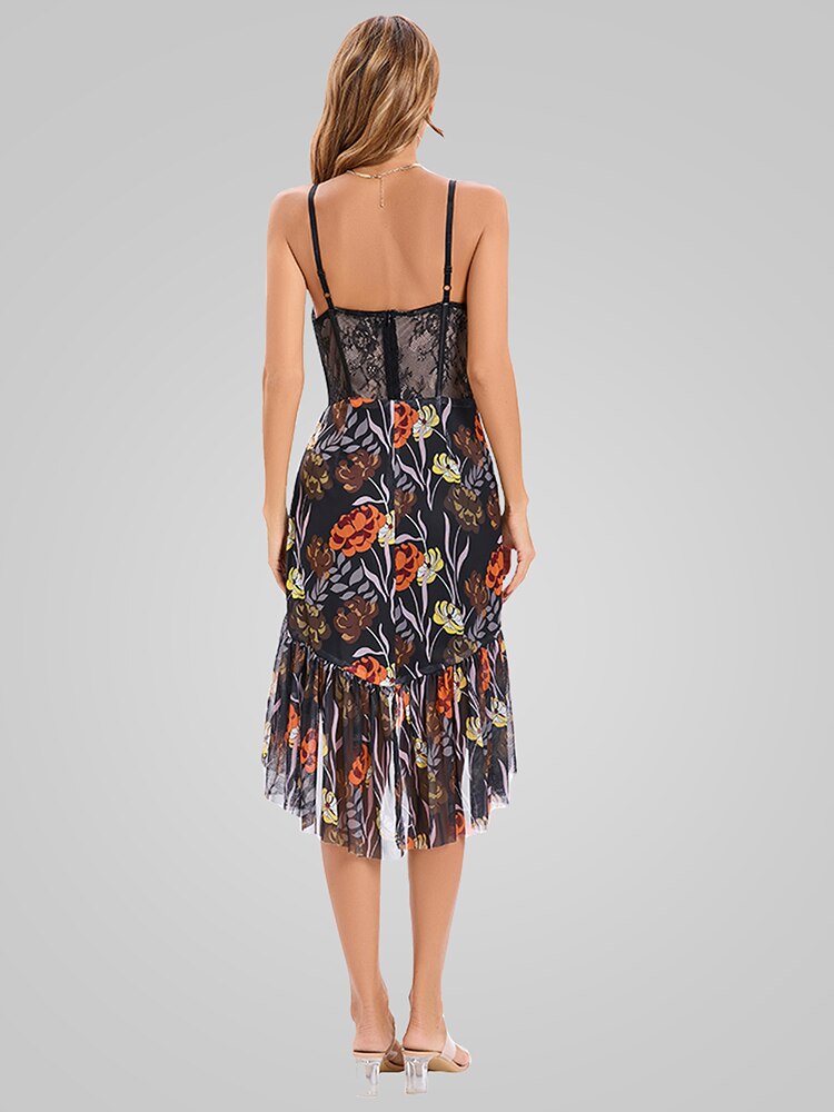 V-Neck Printed Ruffles Strap Midi Dress - Frederika’s favorites 🦊